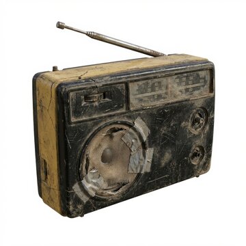 An old, broken portable radio with a damaged speaker grille and cracked casing, isolated on a clean white background. Symbolizes decay and resilience.