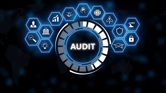 Futuristic blue digital interface with central "audit" button, surrounded by hexagon icons for finance, security, compliance, analytics and technology on dark background.