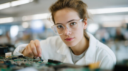 Fototapeta premium Young worker soldering circuit boards at electronics assembly station, magnified view of delicate components being placed with precision tools, perfect for consumer technology manufacturing,