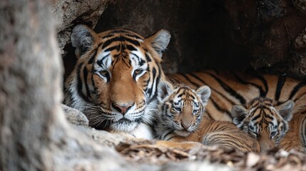 Mother tiger plays with cubs in den.