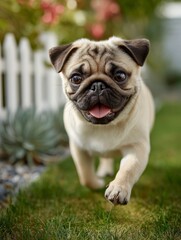 Obraz premium Adorable pug puppy joyfully playing on lush green lawn in backyard garden