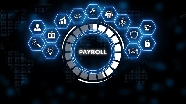 Futuristic blue digital interface with central payroll button and surrounding hexagon icons for hr, finance, security and analytics on dark tech background