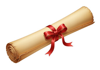 Rolled up parchment with red ribbon tied around it isolated on transparent background