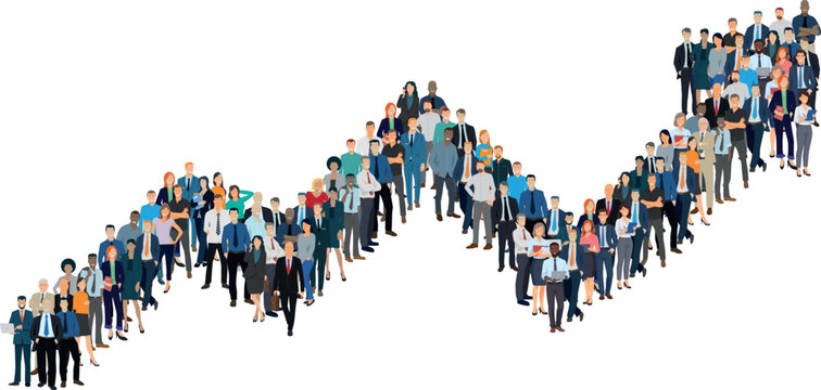 Illustration vectorielle montrant une foule d'employ&eacute;s qui forment une courbe croissante