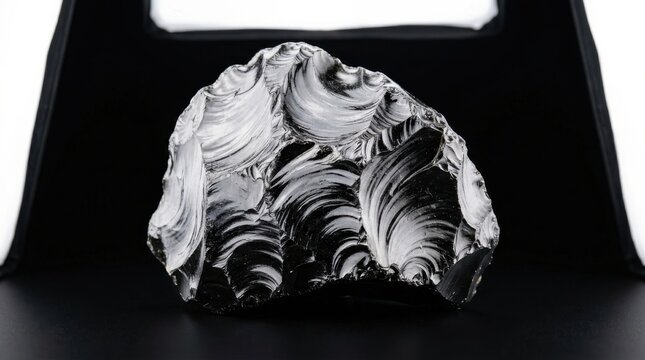 A striking piece of obsidian showcasing sharp conchoidal fracture patterns against a dark background, representing natural geological processes.