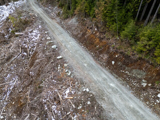 Aerial View of Gravel Logging Road Through Forest Clearing in BC, Canada With Snow Patches