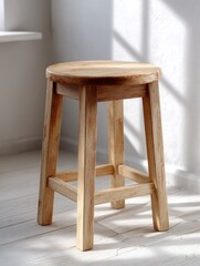 Wooden stool standing in sunlit minimalist interior