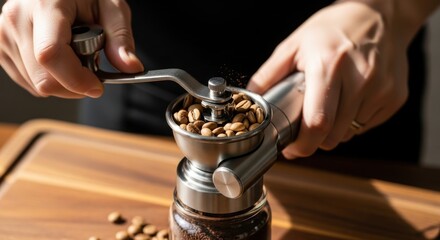 Hands operating a sleek manual coffee grinder with beans being freshly ground into a glass jar.