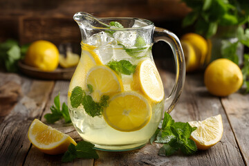 Fototapeta premium Fresh lemon drink served in a pitcher with mint and ice on a wooden table