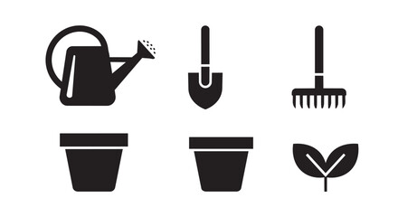 Gardening tools and plant pots set in simple black icon design style vector illustration © Ripon