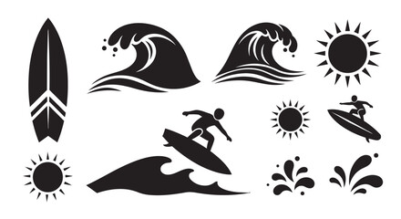 Obraz premium Collection of black silhouette surfing elements including waves, surfers, and sun designs for graphic use