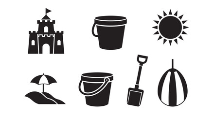 Beach vacation icons set including sandcastle bucket shovel and parasol for summer graphics © Ripon