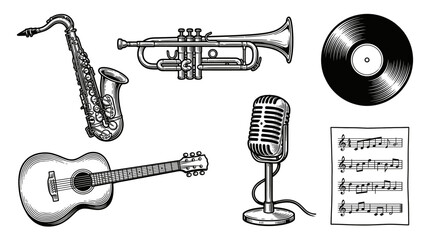 Naklejka premium Musical instruments and music elements arranged in a graphic illustration showcasing a trumpet, microphone, vinyl, guitar, saxophone, and musical notes.