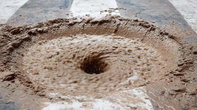 A whirlpool of dirty brown mud splashes and bubbles inside a crater on an asphalt street with lines.