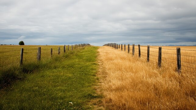 Landscape view of a farm field divided by a barbed wire fence