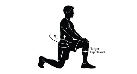 Vector illustration of man doing lunge exercise, fitness and workout, targeting hip flexors