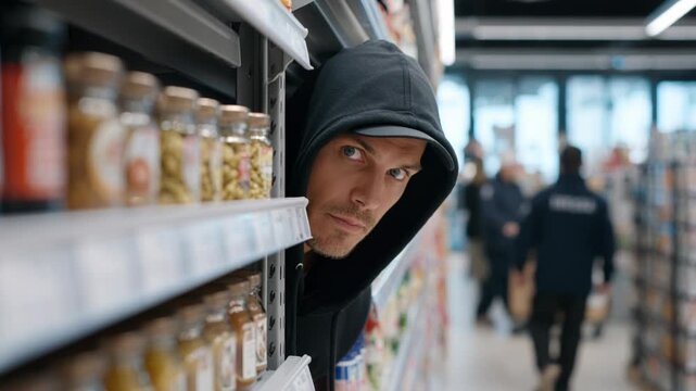 Suspicious man in a dark hoodie peeking behind supermarket shelves while hiding from security.