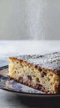 Delicious freshly baked cranberry cake with powdered sugar dusting on a blue patterned plate, perfect for dessert or holiday occasions.