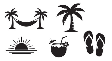 Obraz premium Summer vacation tropical travel icons set with palm trees and beach elements vector illustration collection