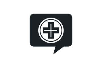 Obraz premium Black and white medical cross symbol in a speech bubble, representing healthcare advice or medical information on a clean background.
