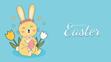 Fototapeta premium Cute Easter Bunny With Flowers Spring Holiday Greeting Banner Design For Social Media Marketing Poster Card And Website Promotion