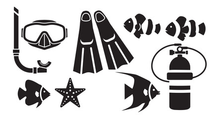 Scuba diving equipment and marine life icons set in black vector illustration for ocean adventure theme © Xoxen
