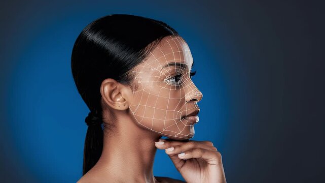 Facial recognition technology concept with a model's profile digital mesh overlay for innovation and AI applications.