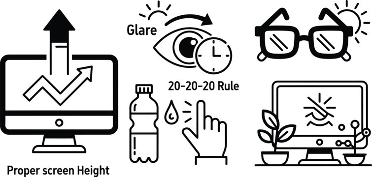 Vector graphics illustrating proper screen height and glare reduction techniques