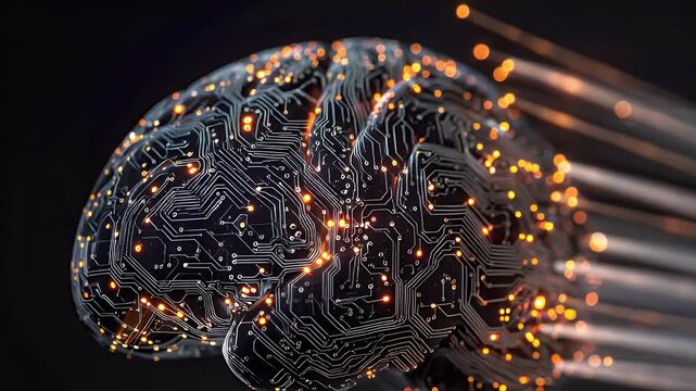 Futuristic brain with circuit patterns and glowing lights emphasizing technology and innovation in a digital age.