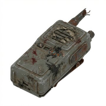 A highly detailed, render of a heavily damaged, dirty, and rusty walkie talkie with a broken antenna. Perfect for post-apocalyptic, survival, or gritty themes.