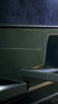 A clean bus interior shows a single seat next to a small table. The dim light at night creates a quiet space for passengers. The design is simple and efficient for travelers.