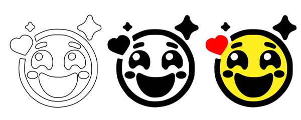 Fototapeta premium Sparkling love excited emoji icon set vector illustration with outline, solid black and yellow styles, happy face with hearts and sparkles collection, romantic admiration reaction symbols for chat