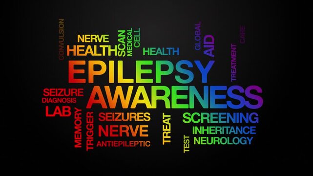 Epilepsy Awareness concept Animated Tag Word Cloud kinetic typography, Text Design Animation typography seamless loop video motion graphics Intro Wordart rainbow type on black background bg backdrop