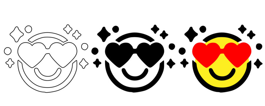Sparkling heart eyes emoji icon set vector illustration with outline, solid black and yellow styles, smiling face with love hearts and sparkles, romantic admiration reaction symbols for chat, stickers