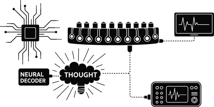 A complex diagram illustrates the concept of a neural decoder converting a thought represented by a bright lightbulb into.