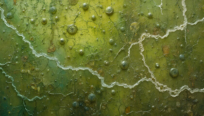 A close-up view of a weathered green surface with cracks and bumps