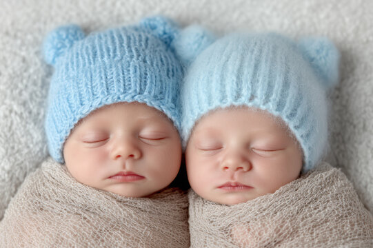 Two adorable sleeping babies wrapped in soft blankets and wearing cute knitted hats
