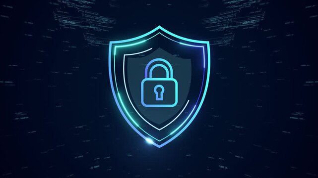 Futuristic 3D Cybersecurity Shield with Artificial Intelligence Data Protection, Glowing Padlock Symbol, and Digital Circuit Background for Global Information Encryption and Privacy Safety Animation