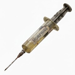 Dirty, rusted vintage medical syringe with 'MORPHINE' label, isolated on white. Illustrates drug abuse, addiction, overdose, and illicit drug use dangers.