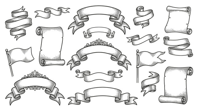 Close‑up view of a detailed arrangement of hand‑drawn scrolls and ribbons in line drawing style on a plain white backdrop