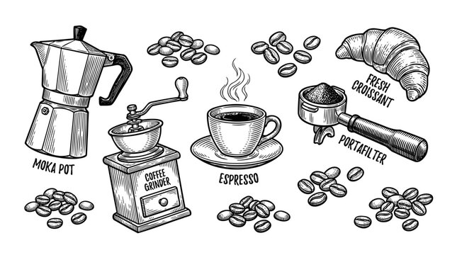 Hand-drawn illustration of coffee pot, grinder, cup, and croissant arranged on a simple tabletop, viewed from a flat perspective