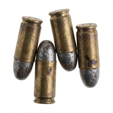 Close-up of four weathered 9mm pistol bullets, showcasing rusty brass casings and corroded lead tips against a clean white backdrop. Represents age, conflict, history, or vintage weaponry.