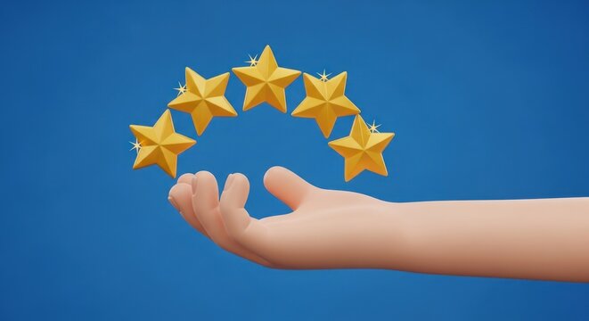 Hand holding golden stars against a vibrant blue backdrop for conceptual design
