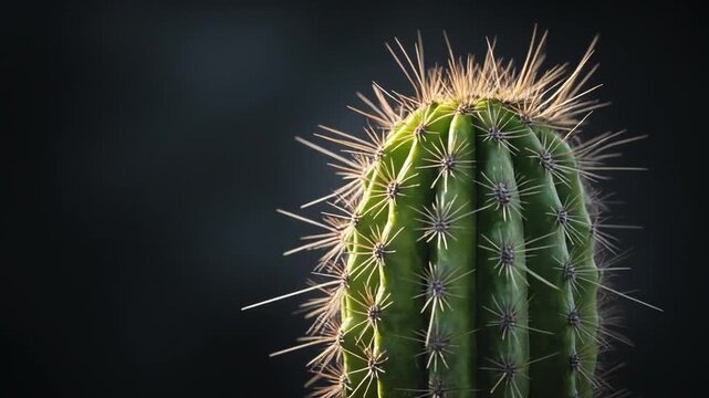 Close-up of a vibrant green cactus with sharp, light-tipped spines, contrasting against a dark background