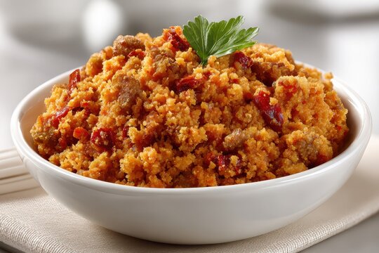 A close up shot of migas, a traditional dish made with bread, sausage, red pepper, served in a white bowl and garnished with parsley leaf, for a tasty lunch.