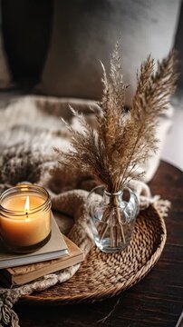 Cozy Still Life with Burning Scented Candle on Old Books, Vase with Dried Pampas Grass and Knitted Blanket, Hygge Atmosphere and Warm Home Aesthetic
