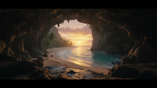 Spectacular view looking out from a dark sea cave onto a tropical beach cove at golden hour sunset, featuring palm trees and calm ocean waves.