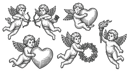 Naklejka premium Collection of cherubs holding hearts and wreaths in a serene illustration