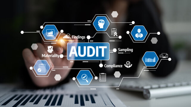 A creative representation of audit processes showcasing compliance, materiality, and findings with data visualization in a professional business environment. Tessel