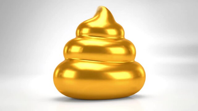 Luxury inspired 3D animation of stylized poop emoji with polished golden surface rotating steadily in center frame Soft radiant highlights and reflective shine create metallic appearance Clean backgro